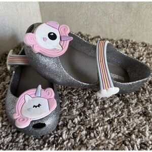 Mini Melissa Toddler Ultra Girl Unicorn Silver Glitter Mary Jane Flats Sz 5